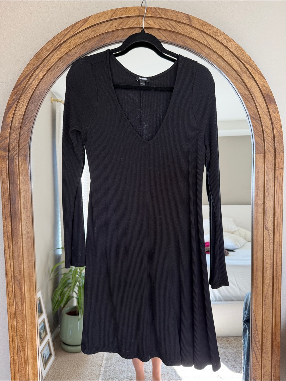 Express Black Ribbed V-Neck Long Sleeve A-Line Dress